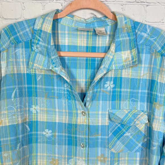 Cottage Shirt Plaid Floral Embroidered Women Plus Size 3X Check Button Cabin Top - Picture 3 of 8